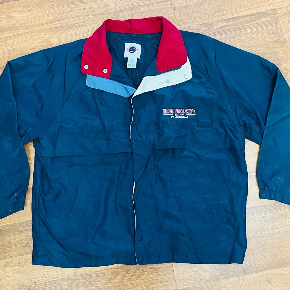 Vintage 90s Hard Rock Cafe FLL Men’s L Navy Nylon Zip Jacket Lined Golf Coat